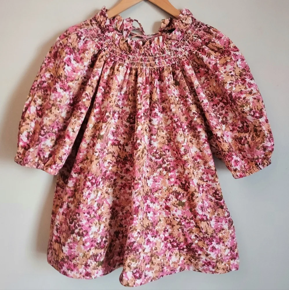 J. Crew Medium Smocked Floral Short Puff Sleeve Pink Floral Blouse Tie Back